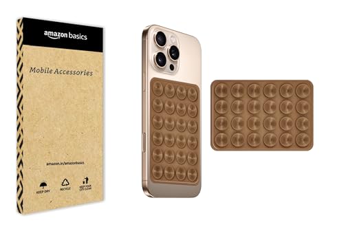 Image of amazon basics Suction Phone Case Anti-Slip Silicone Multipurpose Hands-Free Sticky Pads for Phone Case Mount for Selfies Videos Mirror Shower Car Dashboard - Brown (1 Piece)