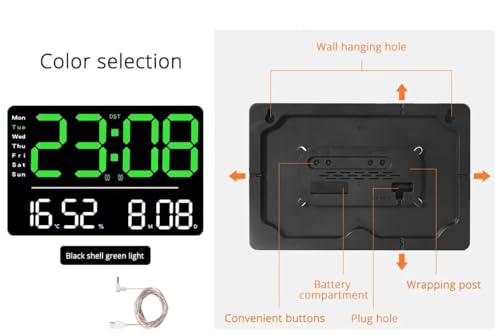 Image of Digital Wall Clock - Large Green LED Display, Dual Alarms, Auto Brightness, Date, Day & Temperature, Remote Control, Plastic Square Design for Home, Office & Bedroom