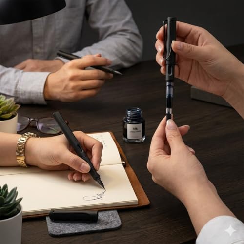 Image of ARTISTERY Black Fountain Ink Pen With Refill Converter Pump | Elegant Plastic Body Fountain Pen with Fine Nib(0.5mm) | Zero Ink Leakage Smooth Writing Ink Pen