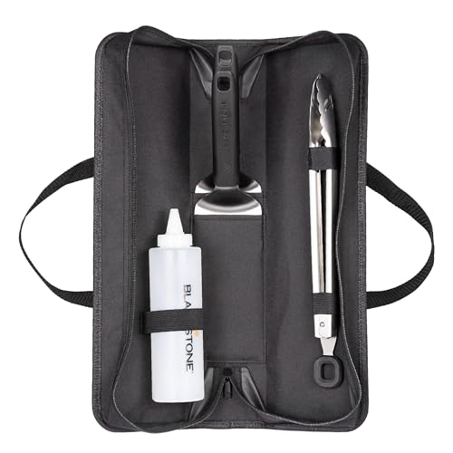 Blackstone 5481 Tabletop 5 Piece Griddle Tool Kit- Outdoor Indoor Grill BBQ Utensils, 2 Stainless Steel Spatulas, 1 Classic Tong, 16Oz Squeeze Bottle, 1 Portable Carry Bag, Black, Silver, White