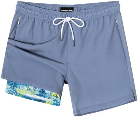SURF CUZ Mens Swim Trunks with Compression Liner Swimming Trunks 5 Inch Bathing Suit Zipper Pockets Quick Dry Swim Shorts