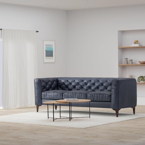 POLY & BARK Essex 89” Full-Grain Italian Leather Sofa – Tufted Back, Feather-Down Comfort, Solid Wood Frame, Midnight Blue - Thumbnail 2