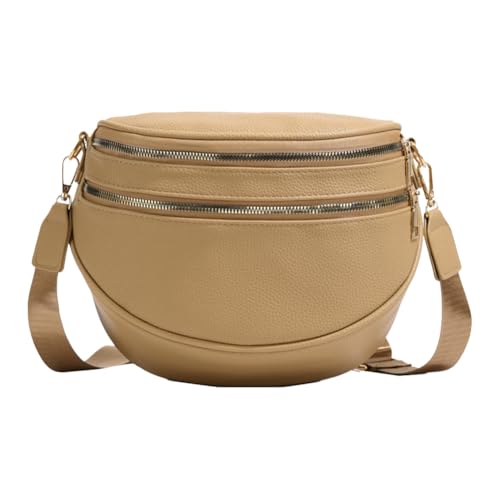 Spacious Bum Bags with Wide Strap PU Leather Shoulder Bag for Women (Khaki)