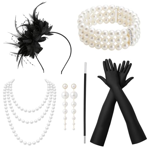 6 Stück 20er jahre accessoires, 20er jahres, 1920 accessoir damen, gatsby accessoires damen, 20 Jahre Damen Accessoires Mit Haarbänder Handschuhe Ohrringe Halsketten Elegant Party Abschlussball