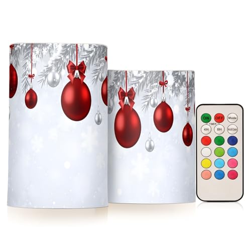 Image of Christmas Lights Decorations Flameless Candles New Year Fir Branches Red Christmas Balls Pillar Candles Set of 2 Battery Operated Remote Control Warm Lights