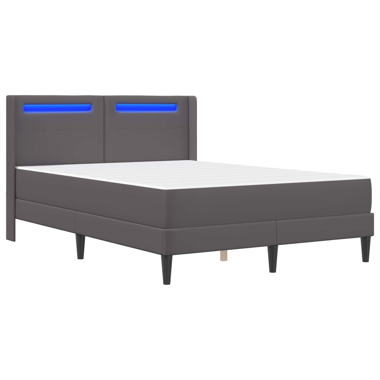 Rama łóżka z materacem, szara, 140 x 200 cm, sztuczna skóra, rdzeń ze sprężyn kieszeniowych, z zimnej pianki, stelaż z paskami LED i USB do ładowania, komfort spania do sypialni