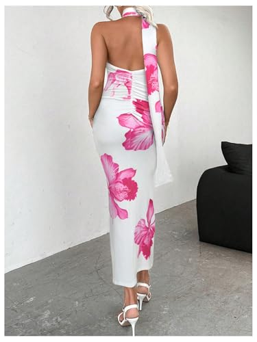 Image of Floerns Women's Halter Neck Sleeveless Backless Bodycon Dress Cocktail Party Maxi Dresses Pink Floral Small