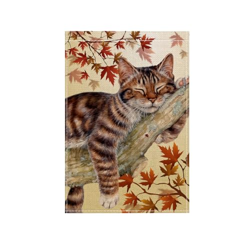 Fall Cat Garden Flag 12x18 Inch Autumn Garden Flag Double Sided Maple Leaves Burlap Flag for Outside Cat Yard Flag for Outdoor Decor