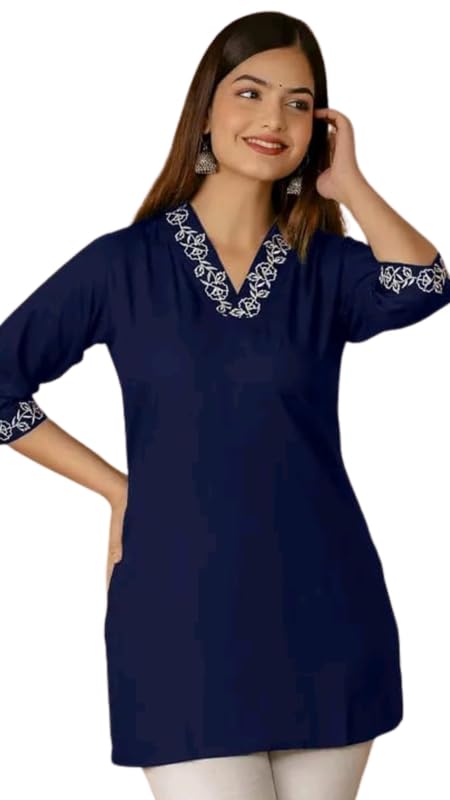 Rayon Solid Straight Kurti Top for Women | V-Neck Ethnic Tunic | Embroidered Neck and Sleeve Border | Stylish Casual Office Wear Short Kurti for Women-image-38