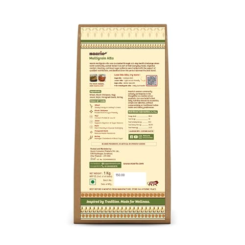 Image of Naario Multigrain Atta | 40% More Fibre Per Roti vs Wheat | Low GI | Diabetic Friendly | 30%+ Millets | Methi Dana for Blood Sugar | 7 Grains Roasted Atta | No Maida | 2kg