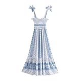 Women Fashionable Sleeveless Gown Spring Blue White Porcelain Print Strapless Frill
