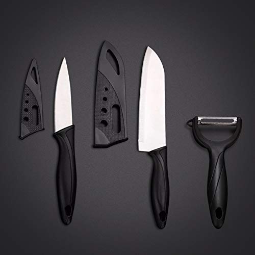3 Pieces Kitchen Knife Set 3.5 Paring knife 7 Santoku Knife w/Protective Covers and Peeler Stainless Steel blade and Ergonomic Black Handle