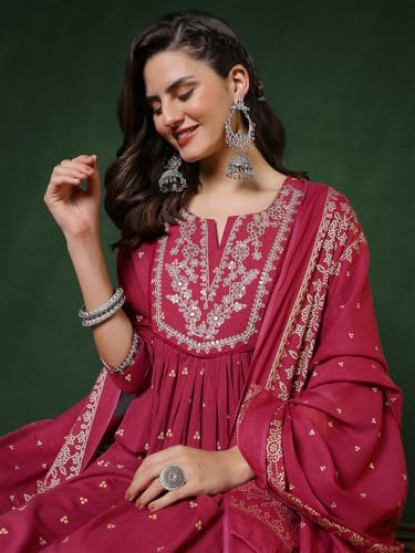 Image of PARTHVI Women's 100% Pure Cotton Anarkali Kurta Set with Pant & Dupatta | Embroidered Flared Kurta | Elegant Ethnic Suit