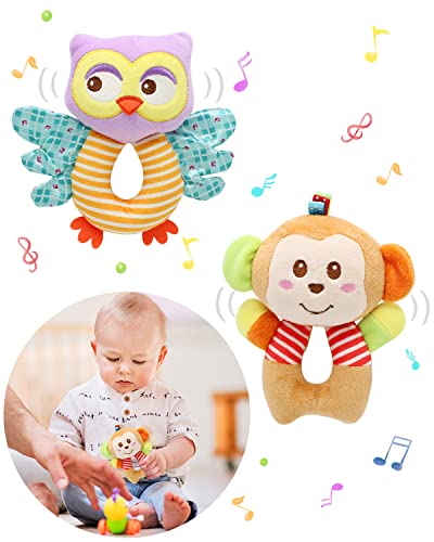 Image of Newborn Baby Soft Rattle, Hand Bracelet Wrist Rattle Toy Foot Finder Sock, Arm Leg Babies Development Toys for Infant Bebe Boy & Girl (Owl & Monkey)