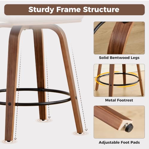 Image of Swivel Bar Stools Set of 3,26 inch Faux Leather Counter Height Barstools with Back,Mid Century Modern Upholstered Bar Chairs with Bentwood Legs Island Stools for Kitchen Counter Brown