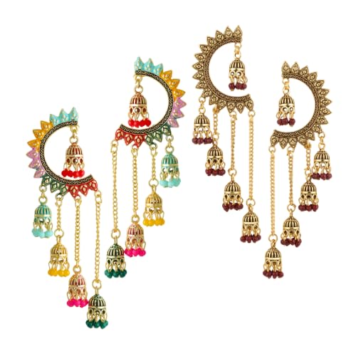 Image of WORLD CRAZE Multicolour long kashmiri jhumka for women chandbali earrings chand baliyan | kashmiri earrings for women | bahubali earrings stylish | Traditional Indian Festive Jewelry | Long Chain Tassels | Pearl Drop Latkan Jewellery (Multi colour)