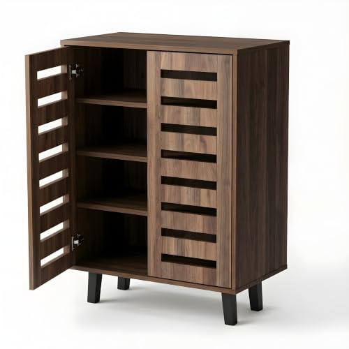 Image of Metro 2 Door Engineered Wood Shoe Cabinet | Wooden Shoe Rack with Spacious Shelves | Modern Shoe Storage Organizer for Entryway, Hallway & Living Room | Walnut Finish