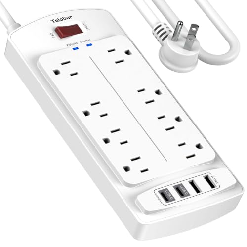 Image of Surge Protector Power Strip - Teiobar Flat Plug Extension Cord with 8 Outlets and 4 USB Ports, 10 Feet Power Cord, 2700 Joules, ETL Listed, White