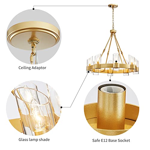 Image of WUZUPS Wagon Wheel Chandelier 8-Light with Clear Glass Industrial Modern Farmhouse Round Light Fixture for Dining Room Kithen Island Foyer, Width 26 inch Height 22 inch, Gold