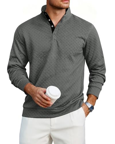 Lexiart Mens Fashion Quilted Long Sleeve Sweatshirts Thermal Stand Collar Quarter Button Up Pullover Sweatshirt Grey