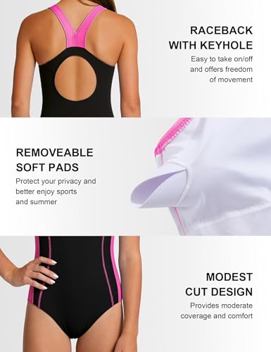 Image of Idgreatim 9-16T Teen Girls One Piece Swimsuit Athletic Bathing Suit | UPF 50+ quick dry fabric racerback design removable pads chlorine resistant for swimming training competition pool beach