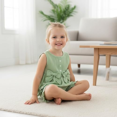 Image of Toddler Girl Clothes Sleeveless Top Shorts 2Pc Summer Outfit 12M-5T | 100% Cotton, Soft breathable, Double crepe fabric, Adorable bow ruffle pocket design, Perfect for daily wear, birthday, party