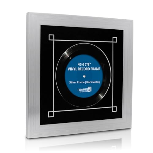 Frame My Collection 45 RPM Vinyl Record Frame | Wall Mounted Solid Wood Record Display Frame for Single 6 7/8-Inch Vinyl with Black Mat, White Trim, Silver and Real UV Glass | 12" x 12" Overall Size