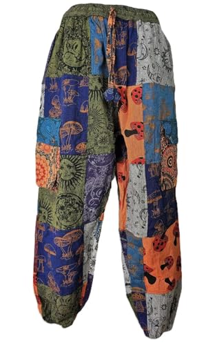 Karma Handicrafts Unisex S-5XL Mushroom Print Cotton Patchwork Trouser Hippy Boho Combat Wide Festival Pant S20