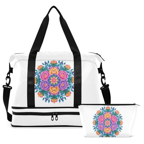 Peony Mandala Teal Travel Duffel Bag for Women Men Gym Bag with Shoe Compartment Wet Pocket Carry On Weekender Overnight Bags for Yoga School Travel Gym