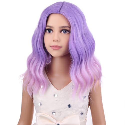 Image of PATTNIUM Kids Child Purple Wig Short Curly Wavy Lavender Purple Wig for Gilrs Light Purple Pink Wigs Cosplay Halloween Party Costume Synthetic Hair Wigs