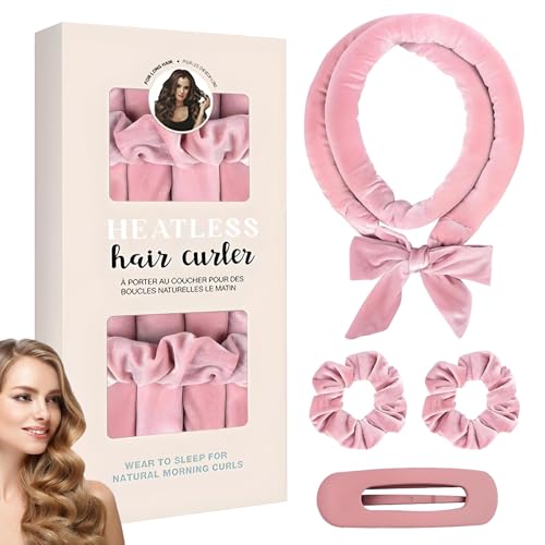 Velvet Heatless Curling Set - Hair Rollers for Heatless Curls | Overnight Hair Curlers & Rod Headband | Reusable Heatless Hair Curlers for Curly Hair Products | Hair Rollers with Clips (Pink)