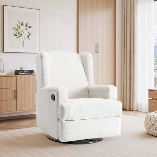 Image of Swivel Rocker Recliner Chair, 360 Swivel Wingback Recliner Chairs for Adults, Upholstered Boucle Fabric Glider Rocking Chair with High Back, Deep Seat for Living Romm Bedroom, Beige