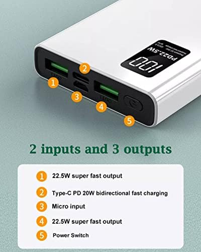 P-TECHUK 22.5W Super Fast Charge Power Bank, USB A and C Slim 10000mAh Portable Charger, PD3.0 Battery Pack With Digital Display Cell phones and Tablets