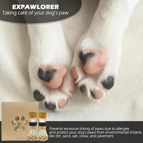 EXPAWLORER beidseitige rutschfeste Hundesocken - weicher und atmungsaktiver Pfotenschutz für Alle Hunde mit verstellbaren Riemen, Traktionskontrolle für Innenbereich auf den Holzboden, Khaki M