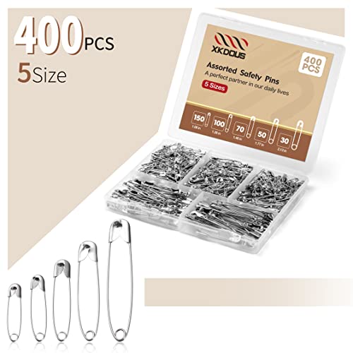 Image of XKDOUS 400 Pack Safety Pins, 5 Universal Sizes Heavy Duty Pins for Clothes | Small & Large Safety Pin Bulk, Silver Sharp Edge Fasteners for Clothing, Dress, Crafting