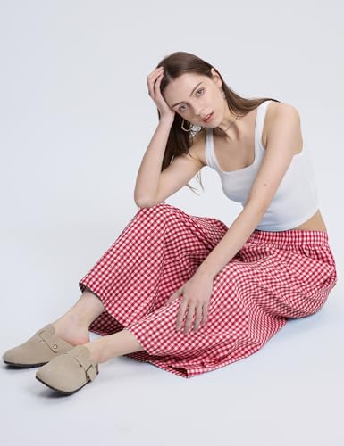 Image of LOMON Womens Wide Leg Capri Pants Gingham Plaid Culottes Summer Elastic Waist Palazzo Trousers Bottoms with Pockets