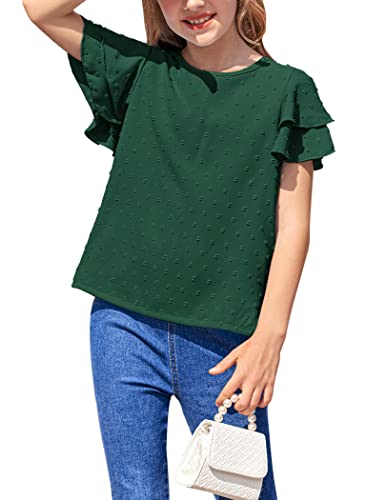 Hopeac Girls Cute Short Sleeve Crew Neck Chiffon Blouses Loose Soft Casual Shirts Tops Dark Green #TOP8