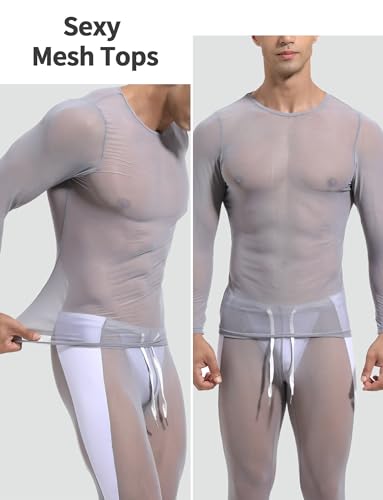 SEAUR Mens Sheer Mesh T Shirt See Through Long Sleeves Muscle Tee Tops Breathable Transparent Workout Undershirt Clubwear2