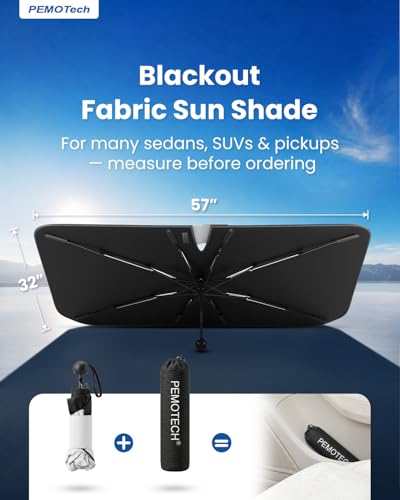 Image of PEMOTech 2026-Upgraded Umbrella Windshield Sun Shade for Four-Door Sedan and Large | Keep Cool & Protect Interior | Reliable UV Blocker&Heat Shield | Sun Shade for Car Windshield | Medium (57 inchx32 inch)
