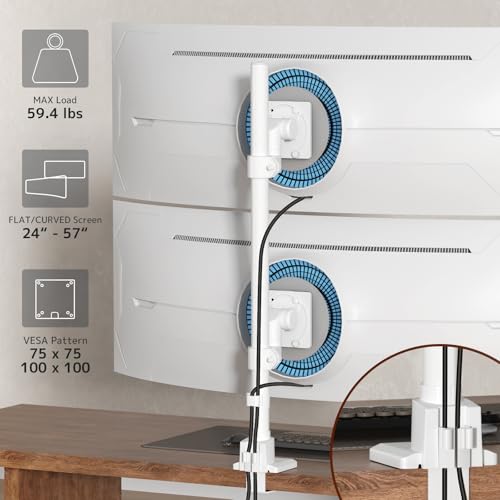 Image of Dual Monitor-Arm Heavy Duty Ultrawide - 24-57 inch Vertical Dual Monitor Mount, Adjustable Stacked Double Monitor Desk Mount Stand, Max Load 59.4 lbs (per Arm), VESA 75 /100 mm, White