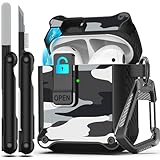 Picture of RFUNGUANGO for Airpods 2nd and 1st Generation Protective Cases Automatic Pop-up with Safety Lock Clip, Full Body Shockproof Hard Case with Keychain (Cleaning Tool)-Snow Camouflage