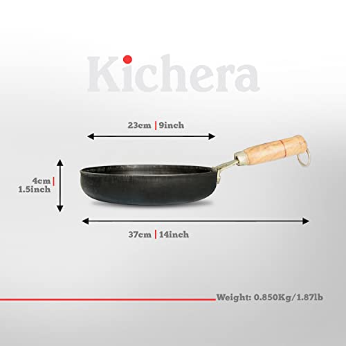 Image of Kichera Iron Fry Pan with Wooden Handle 23cm /9 inch, 1.3Ltr, 0.85kg | Gas Stove and Induction Friendly | Pre-Seasoned Black Flat Sheet Metal Iron Traditional Frying Pan