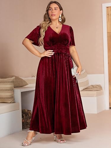 Image of Simplee Women's V Neck Velvet Maxi Dress Short Sleeve Empire Waist Long Formal Dress for Wedding Guest