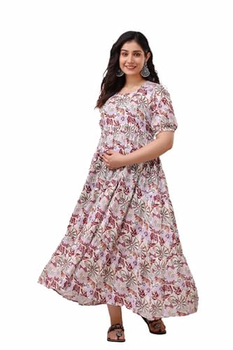 Image of Women's Rayon Anarkali Maternity Ankle Length Dress, Pregnancy Dress,Feeding Kurti,Easy Brest Feeding Dress, with Both Side 9 inch Zipper and Belt