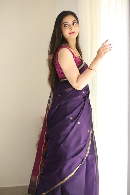 Image of Flosive inchRoyal Purple Banarasi Cotton Blend Saree for Women with Rich Zari Border and Traditional Floral Weaving Design inch