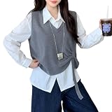 [nana for 7] ブラウス レディース ニットベスト 2点セット Vネック シャツ 重ね着風 長袖 前開き カットソー トップス 大きいサイズ 体型カバー 暖かい シンプル 通勤 春 夏