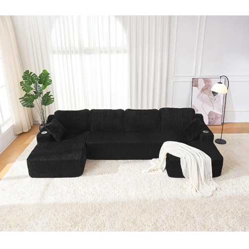 Image of 130 inch Modular Sectional Sleeper Sofa, Modern Cloud Sectional Sofa Couch with Cupholders and Storage, U Shape Boneless Couches for Living Room, Free Combination, No Assembly Required,Black