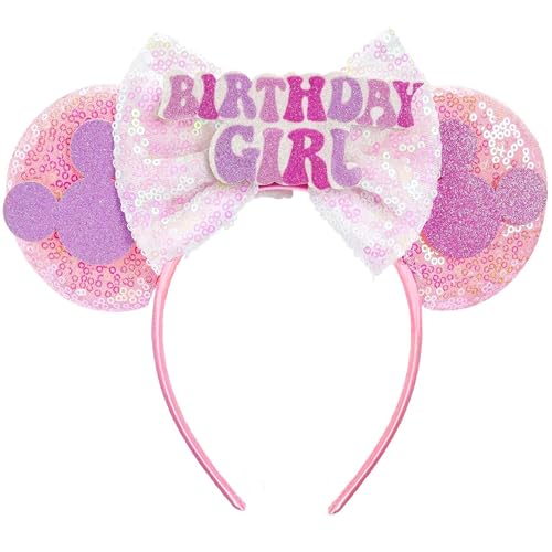LuluGlee Handmade Birthday Mouse Ears Headband for Women Girls Pink Happy Birthday Ears for Party Dress Up Decorations Hair Accessories