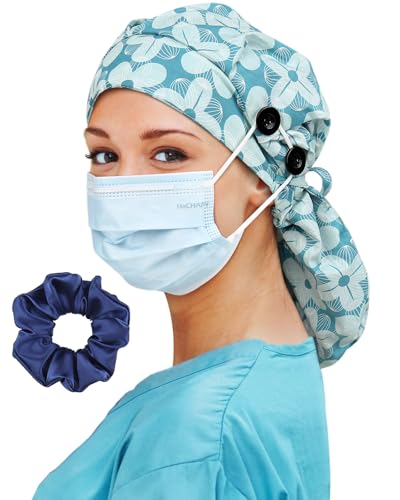 Image of Satin Lined Scrub Cap for Women Extra Large Long Hair Surgical Nurse Cap 4 Buttons