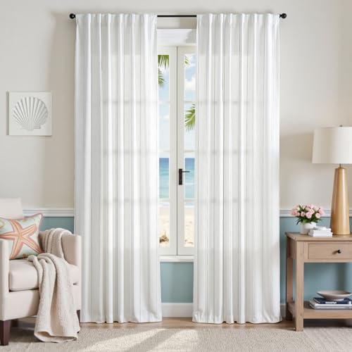 jinchan White Curtains Grey Striped Curtains 84 Inch Length for Living Room Bedroom Window Treatment Modern Linen Look Ticking Stripe Pinstripe Privacy Light Filtering Back Tab Rod Pocket 2 Panels by jinchan - Image 5